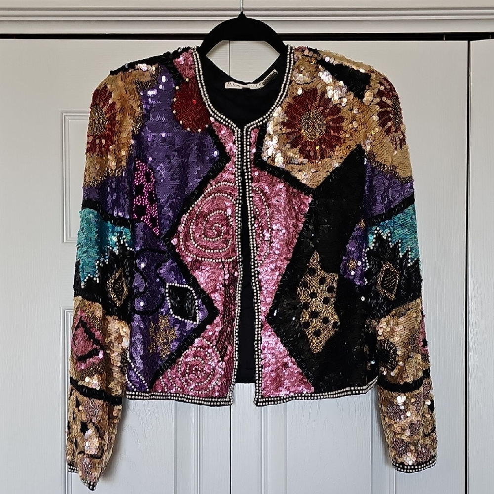 Oleg CASSINI Black TIE silk Multicolor Sequin Women's Jacket Size Large